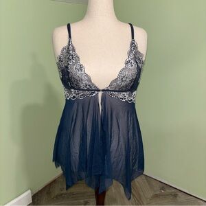 Avidlove Mesh Lace Open Front Chemise Sheer Navy Blue Fairy Y2K Women’s Sz XL